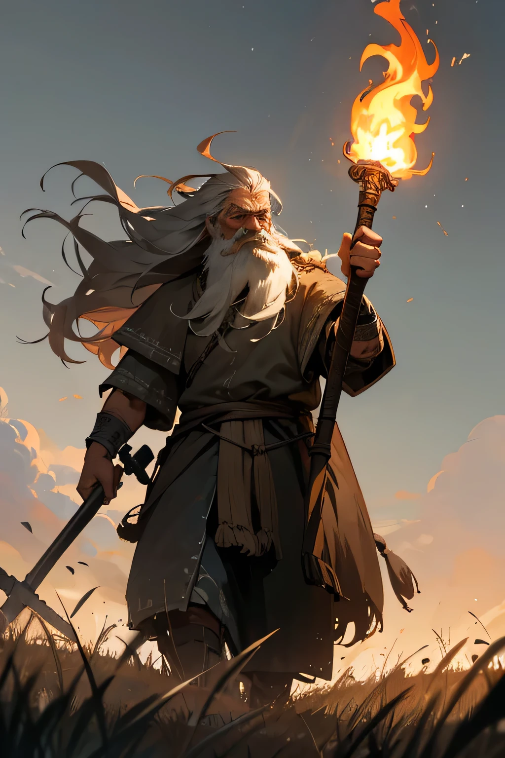 Old man, viking clothes, worn down clothes, unkempt hair, long beard. grass fields, hair covering side of face, angry, enraged, flaming torch, holding up torch, walking, flaming staff
