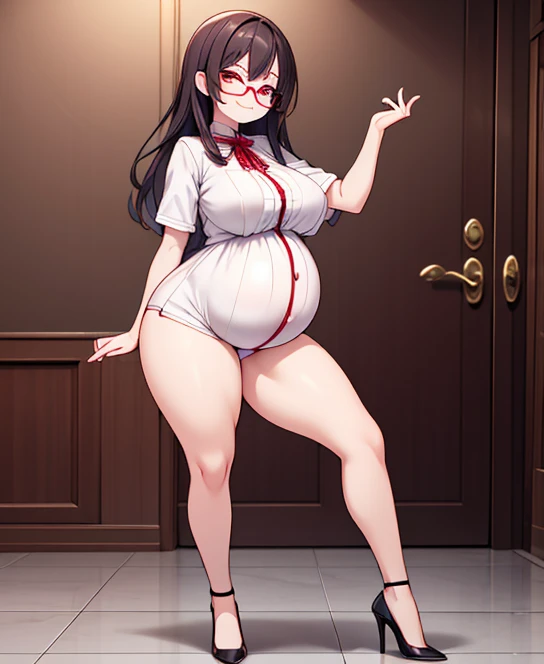 A pregnant vampire girl with a smug face, thick thighs, high heels and glasses. She's about to step on youm((Full body))