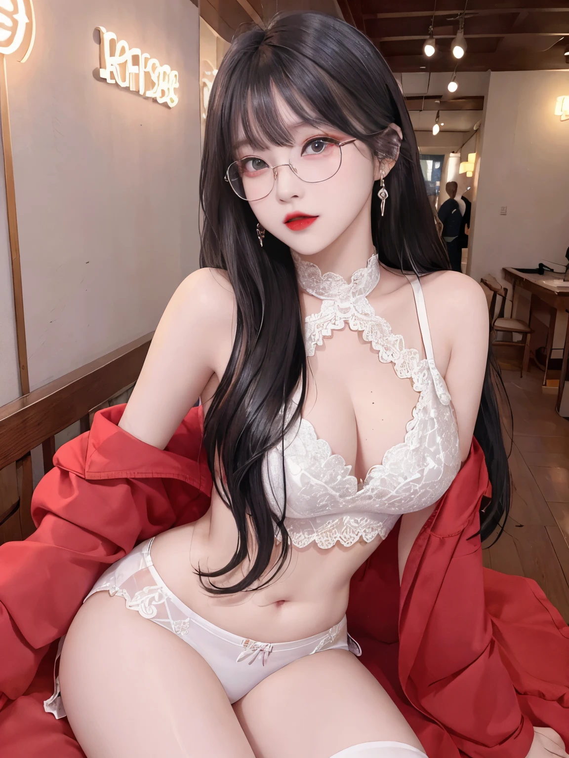 Top image quality、Raw photography、A high resolution、20-year-old cool Korean、big round chest、thin silk jacket、red lace underwear、Beautiful Eyes of Details、very elongated eyes、Beautiful eyelashes、Beautiful double eyelids、eyeshadows,long legs,medium thighs, wearing Glasses、beautiful eyes finely detailed、elongated eyes、long eyeslashes、Beautiful double eyelids、eyeshadows、earrings、shiny white skin、
