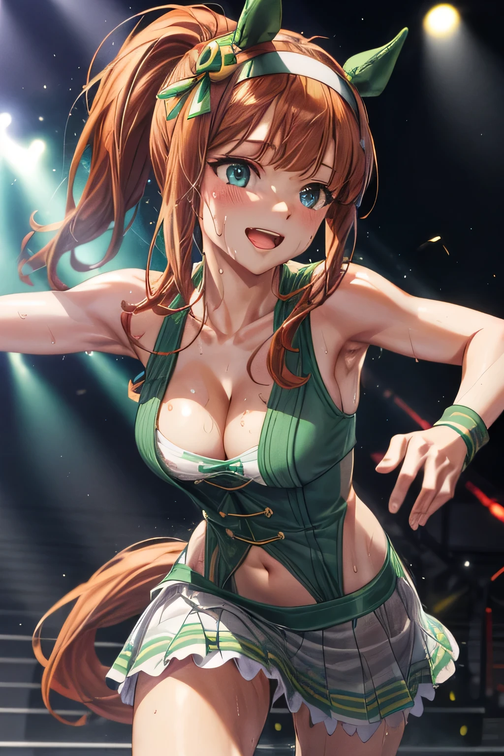 sexy dance show,(running:1.5),1girl,solo,silence suzuka \(umamusume\),good anatomy, masterpiece, best quality,realistic, hyperrealistic, 16k hdr,happy Smile,(Live Stage),(see through costume:1.2),Stage costumes,Horse tail,sing a song,ultra miniskirt,navel,micro panties,(large breasts,cleavage:1.2),sweat,(from below:1.2),spread legs,(upper body:1.1),ponytail