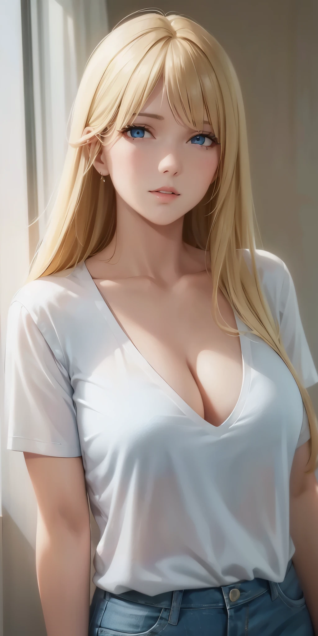 Upper body, elegant, adult woman, long neck, long blonde hair, bangs, casual shirt, cleavage, blue eyes, soft light, high quality, 4k resolution