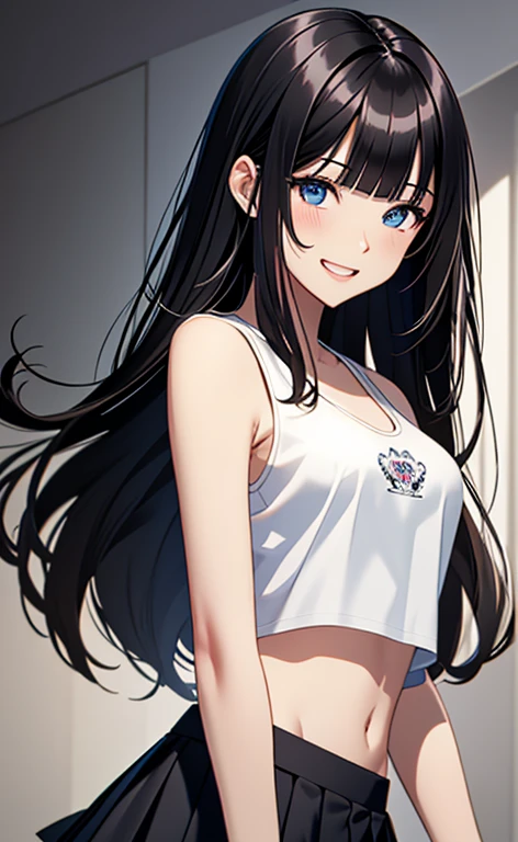 (masterpiece:1.4、top-quality、illustration:1.4,realistic、)、(character focus、breast focus,upper body:1.3)、(1girl),(Open mouth grin:1.3),(half closed eyes),cute face,blue eyes、()、
,(stand:1.4),(Shining smile),
,(slender),(sleeveless white crop top,very short pleated miniskirt:1.3),
(black long hair:1.6,blunt bangs,),(), (small breasts:1.3)、
、slender、