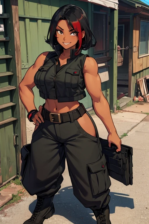 female, black hair with red highlights, hazel eyes, dark skin, (((1girl))), (((black sleeveless military vest))), (red tank top), (dark green cargo pants), (black belt), (black combat boots), cute and sexy, full body, large breasts, large butt, long legs, smiling, slightly muscular