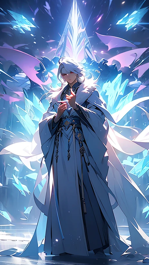 Libido boy,Young men,Super detailed wallpaper,Hi-Def,Best Quority,Snow and ice theme,Photorealistic photorealism,s fractal art,With light particles and volumetric light effects,crystal shards,Rendering,Ice and snow scenes,(crystal hair),Land of gems,(((Transparent hair))),Simple white clothes,long white robe,holy glow,Dingdall effect