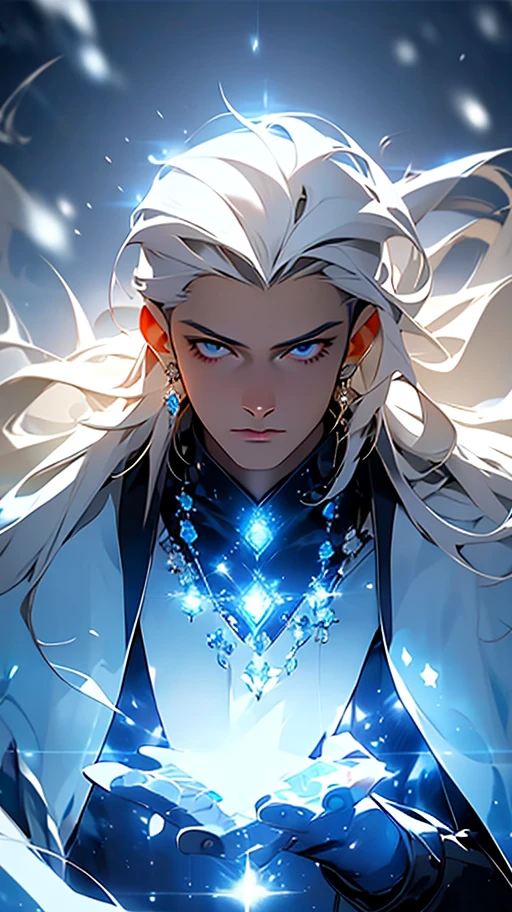 Libido boy,Young men,Super detailed wallpaper,Hi-Def,Best Quority,Snow and ice theme,Photorealistic photorealism,s fractal art,With light particles and volumetric light effects,crystal shards,Rendering,Ice and snow scenes,(crystal hair),Land of gems,(((Transparent hair))),Simple white clothes,long white robe,holy glow,Dingdall effect