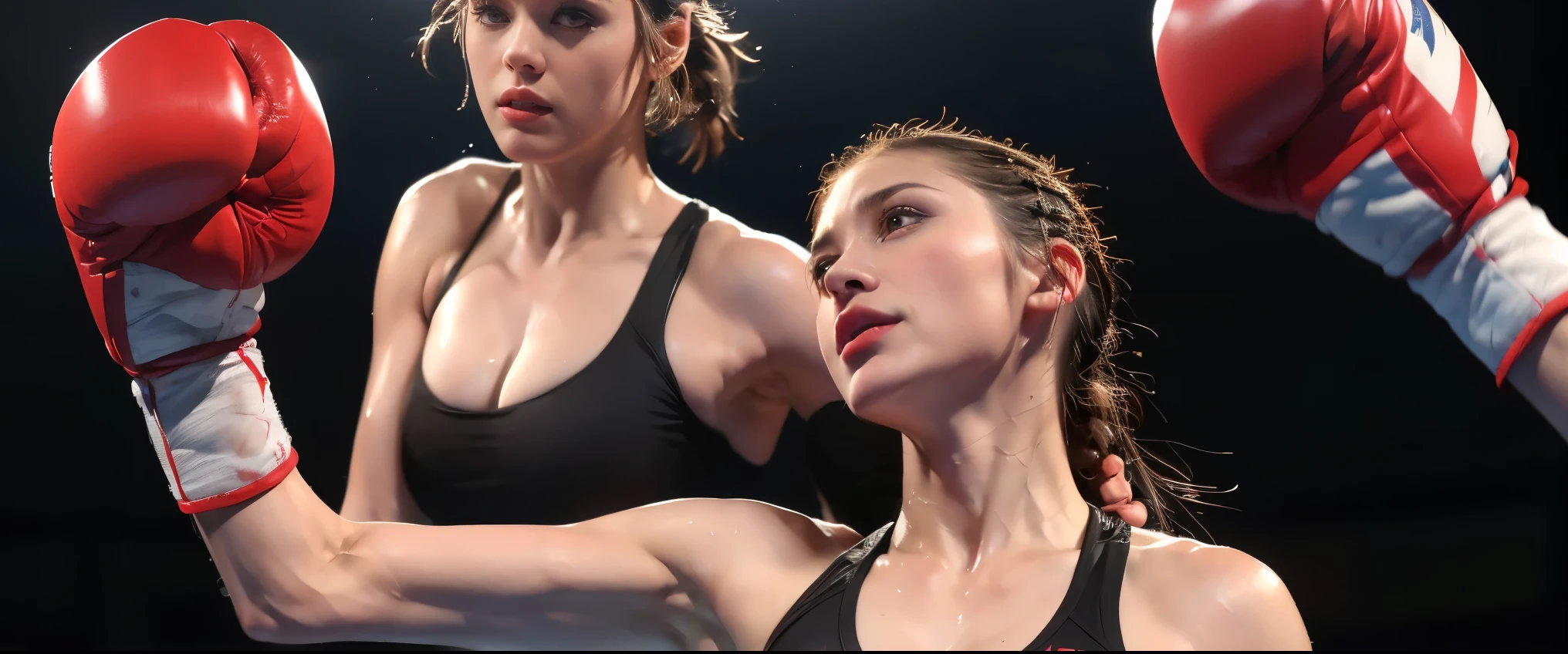 Boxing Match, ((masterpiece, highest quality, Highest image quality, High resolution, photorealistic, Raw photo, 8K)), ((Extremely detailed CG unified 8k wallpaper)), (huge stunning goddess shot, very hot and sexy, jaw-dropping beauty, perfect proportions, beautiful body, slim body beauty:1.4), Female boxers, two athletes beating each other in the ring, wearing sports bras, trunks, boxing gloves and boots, sweat splattered, Sweat running, wet body, intense fighting, (View from below), SFW,