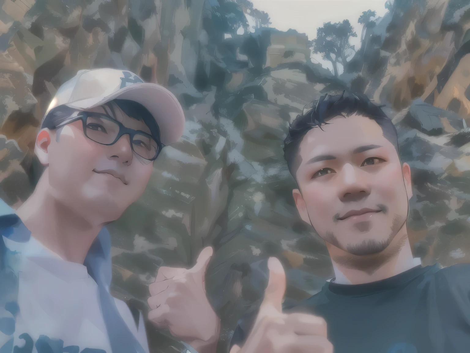 Two men standing side by side with thumbs up,Two Chinese men without beards, , Taken on Go Pro Hero8, 8k Selfiegraph, yiqiang and shurakrgt, Photo taken in 2 0 2 0, Long chin, Ruan Jia and Brom, Ruan Jia and Fenghua Zhong, from China, Selfie