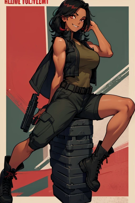 female, black hair with red highlights, hazel eyes, dark skin, (((1girl))), (((black sleeveless military vest))), (red tank top), (dark green cargo pants), (black belt), (black combat boots), cute and sexy, full body, large breasts, large butt, long legs, smiling, slightly muscular