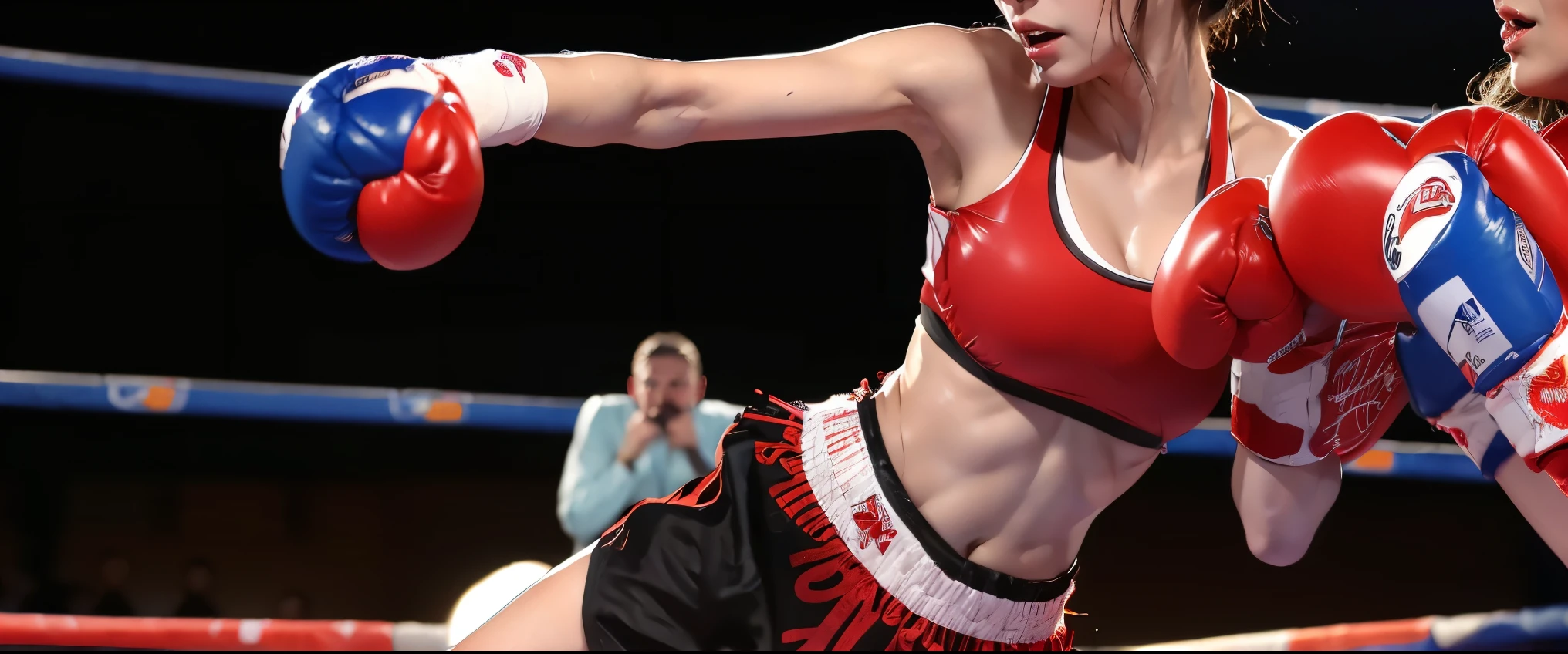 (Masterpiece, best quality), ((A gorgeous 23 year old german woman with exhausted look sitting in the corner of a boxing ring with her hands resting on boxing ring ropes, wearing black tight gym shorts, boxing gloves)), ((topless, NSFW, perfect large breasts)), (sweaty body), muscular body, fitness model body, (dark empty boxing ring:1.1)