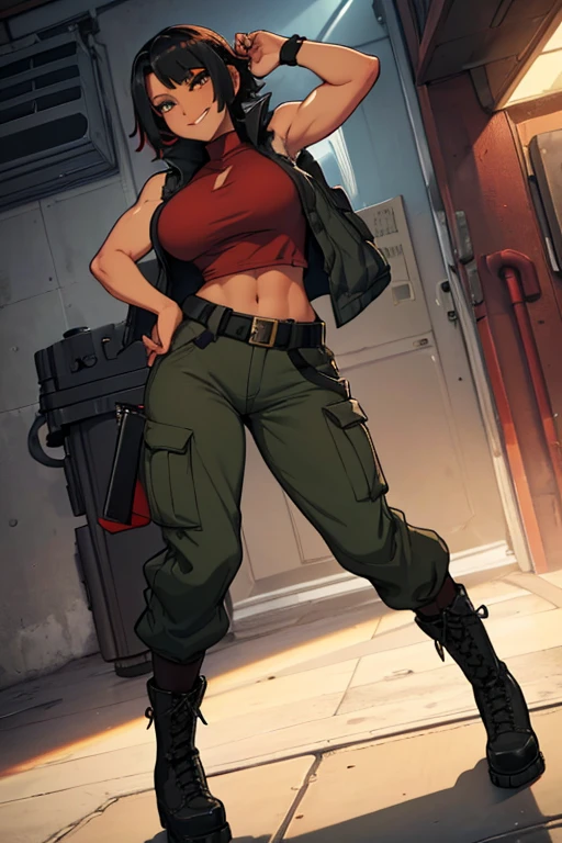 (8k, best quality, masterpiece:1.2) (realistic, photo-realistic:1.37) (full body) 1female solo girl, standing, legs apart (wide stance) standing contrapposto, ultra-detailed, cute (Tifa Lockhart) (large breasts:1.5) (beautiful detailed eyes) (smile:1.2) (closed mouth) sharp focus, depth of field, good composition, Final Fantasy VII, very long straight hair, hair bang ((red_eyes)), intricate, bokeh (Tetsuya Nomura style) perfect breasts, white tank top, black thong, suspenders, gloves, stockings, toned body, athletic, wide hips, thin waist, toned arms, exposed abdomen, view from behind