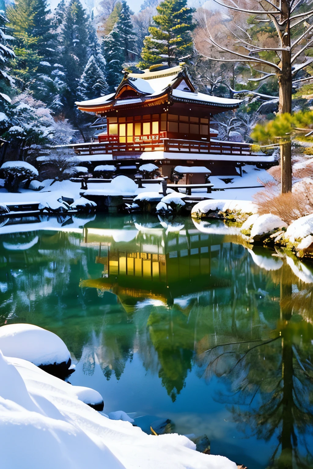 The golden shining Kinkakuji Temple,Snow Kinkakuji Temple、Snow-covered、Kinkakuji Temple reflected on the lake、