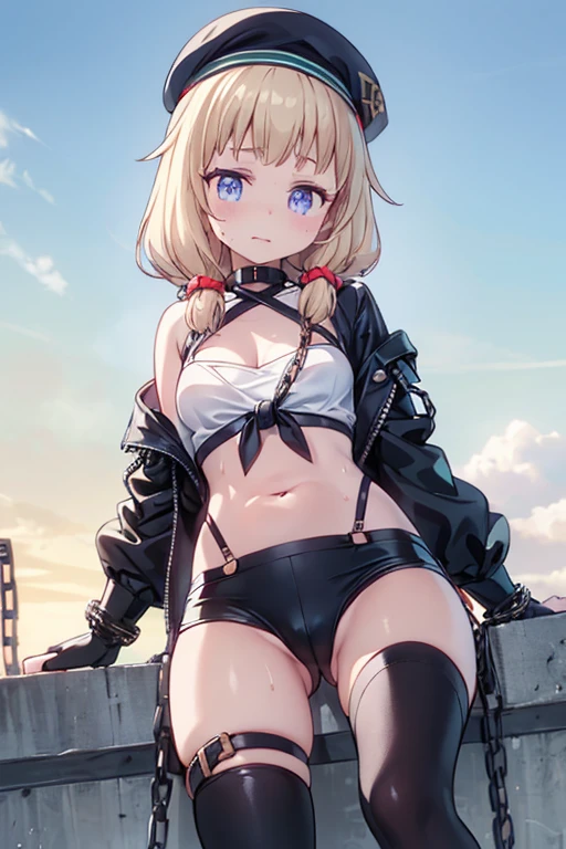 (Thynasha:1.2),dark blue hair,very long hair, purple eyes,(beautiful detailed eyes:1.0), extremely detailed face, perfect lighting, hair between eyes,bangs, (black beret, black jacket, open clothes, cleavage, midriff, black medium skirts, black thighhighs, thigh strap, fingerless gloves, single glove:1.2), Photo,sharpness,(((Beautiful woman with left leg restrained by chains))),black suspenders,Bulging big,breasts,walls: Black ,Appearance,Beautiful girl with accentuated slender abs: 1.1,six-pack abs: 1.2, Bust Botox,Standing on tiptoe, long legs,Long brown hair fluttering in the wind,Brown hair, Long hair, Female Warrior Costume,(No panties,No bra),(tacticul battle fashion,elbow and knee tacticul battle fashion, battle glove: 1.1),((cute batre costume)),The belly comes out and the navel is visible,Thin sheer costume, combat gloves,shredded costumes, long combat boots with golden knee pads,Anatomical,(futuristic sci-fi battle fashion, new elbow and knee pads, new combat boots),(tied perfectly by iron chain:1.3), Restraint, Slave, collars, contempt, (Chained), 4 chains hung from heaven, Metallic shackles and fetters, wet crotch clearly visible,((Hands are restrained above the head)), the neck is chained,Chain from left knee to heaven,Chained by rusty iron chains,((the tip is protruding, areolas protruding,The shape of the pubic harearea is clearly visible:0.9)),Sweating,Wet,Wet crotch,Wet thighs,Junkyard, Realistic, (cute, perfect clothes, skimpy clothes, cute: 1.3) ,Vast miritary base in us,((wide mirtary hospital with summer sunlight)), peeling ceilings, Rebar between, Realistic material details, Extreme details, Ultra-realistic materials,narrow waist,(with sparkling eyes and a contagious smile:0.9),looking at viewer,