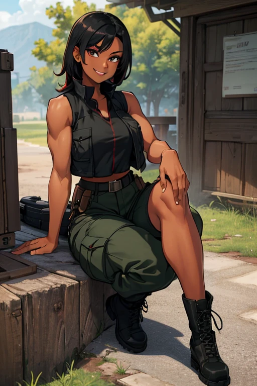 female, black hair with red highlights, hazel eyes, dark skin, (((1girl))), (((black sleeveless military vest))), (red tank top), (dark green cargo pants), (black belt), (black combat boots), cute and sexy, full body, large breasts, large butt, long legs, smiling, slightly muscular