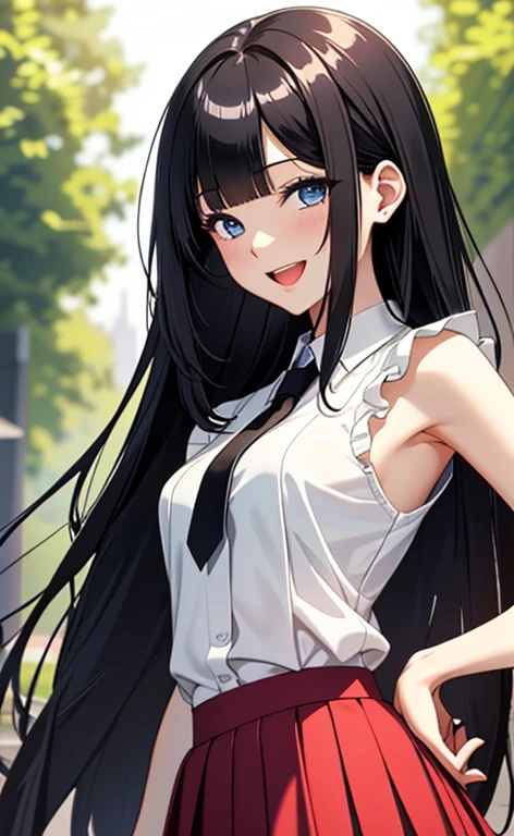 (masterpiece:1.4、top-quality、illustration:1.4,realistic、)、(character focus、breast focus,upper body:1.3)、(1girl),(Open mouth light smile:1.3),(half closed eyes),cute face,blue eyes、()、
,(stand:1.4),(Shining smile),
,(slender),(sleeveless white blouse,very short pleated miniskirt:1.3),
(black long hair:1.6,blunt bangs,),(), (small breasts:1.3)、
、slender、