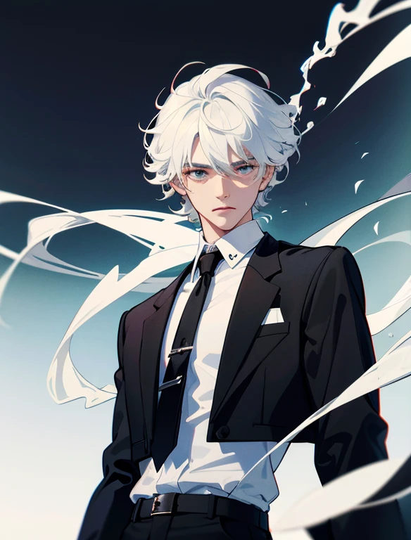 A young man with White hair, blue eyes, a black suit stood with his back turned half-face smoking a cigarette in his room at night.