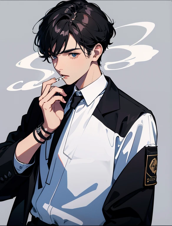 e ,smoking with a black jacket and white blouse. E com fone ouvindo musica