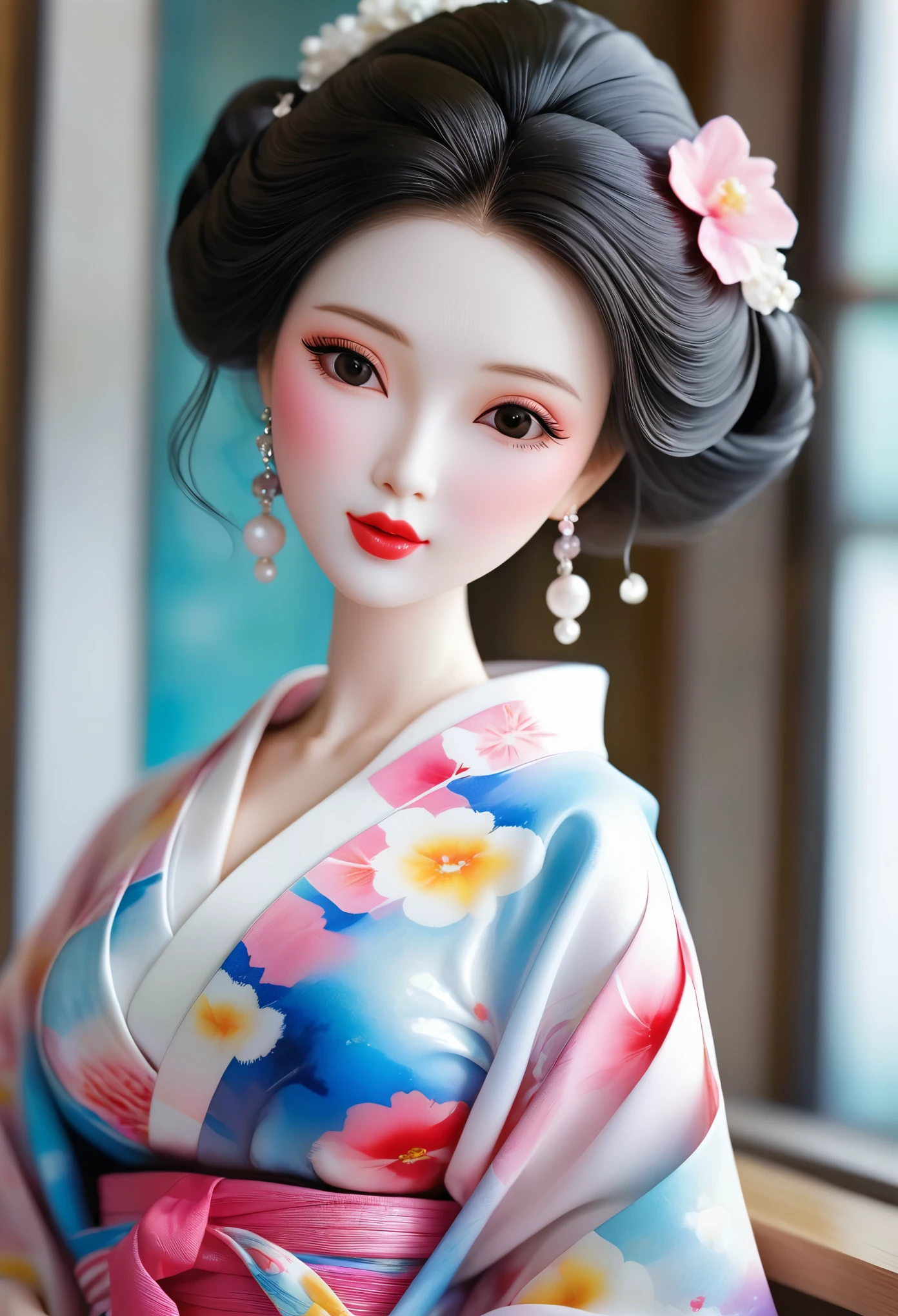 (masterpiece, best quality: 1.2),Barbie doll,，colloid， Sexy eyes，The expression of a kiss，Wet pink and white sexy lips， colloid皮肤，Slim body，earrings（（Watercolor pattern kimono）），full-body shot