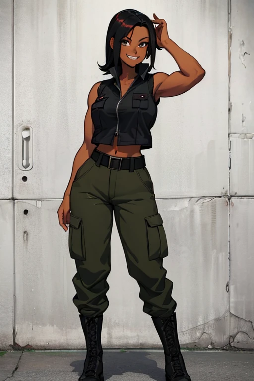 female, black hair with red highlights, hazel eyes, dark skin, (((1girl))), (((black sleeveless military vest))), (red tank top), (dark green cargo pants), (black belt), (black combat boots), cute and sexy, full body, large breasts, large butt, long legs, smiling, slightly muscular
