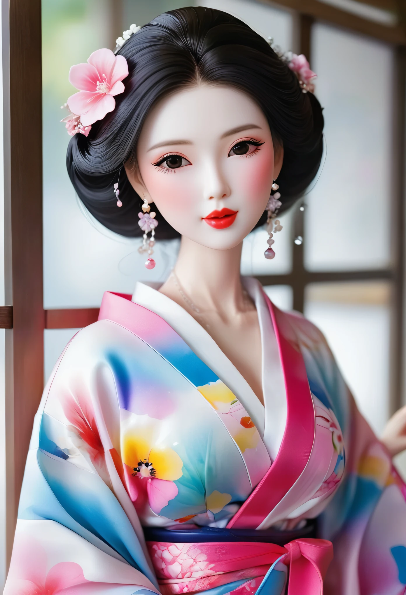 (masterpiece, best quality: 1.2),Barbie doll,，colloid， Sexy eyes，The expression of a kiss，Wet pink and white sexy lips， colloid皮肤，Slim body，earrings（（Watercolor pattern kimono）），full-body shot