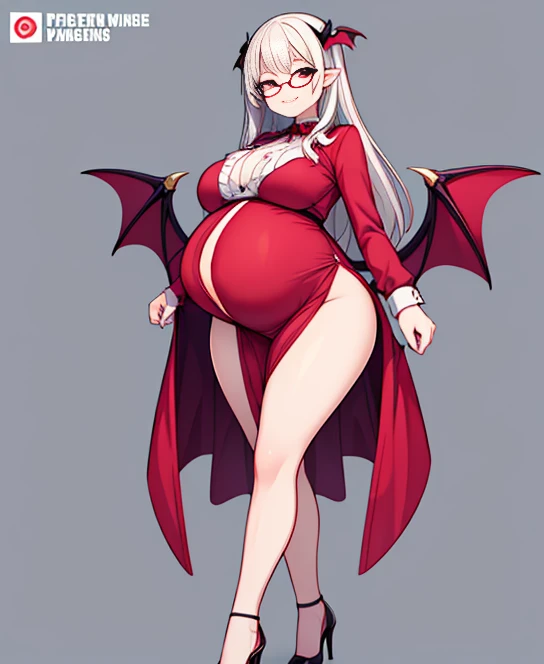 A pregnant vampire girl with a smug face, thick thighs, high heels and glasses. She's about to step on you. ((Full body))