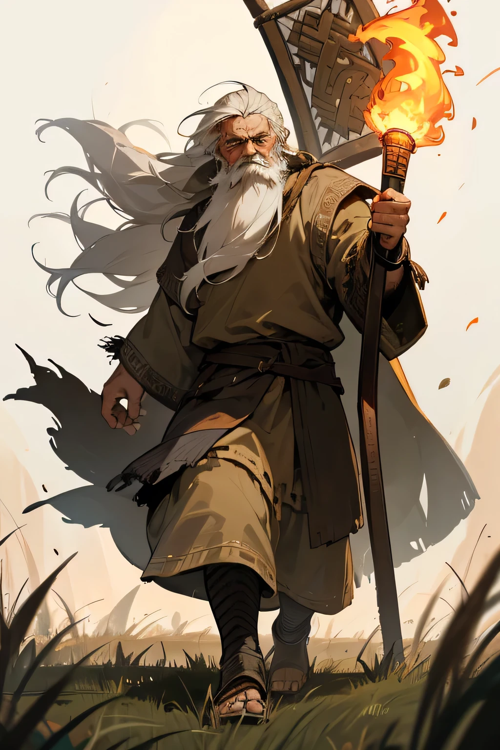 Old man, viking clothes, worn down clothes, unkempt hair, long beard. grass fields, hair covering side of face, angry, enraged, flaming torch, holding up torch, walking, flaming torch