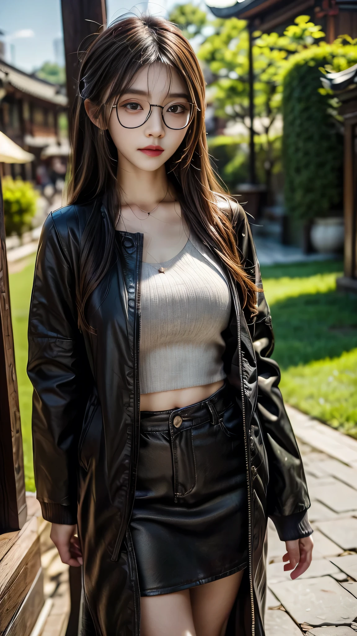 Girl standing outside, Wear glasses, Wearing a black jacket, ((Long Hair)), Paintings inspired by Zou Jie, tumbler, realism, Chen Xintong, Around 19 years old, Cheechawan, Huang Huifeng, Jeron Hsu, Zhang Qifan, Zhangpeng Town, Zumongen, Yi Haoren, Zhezhou Chen.