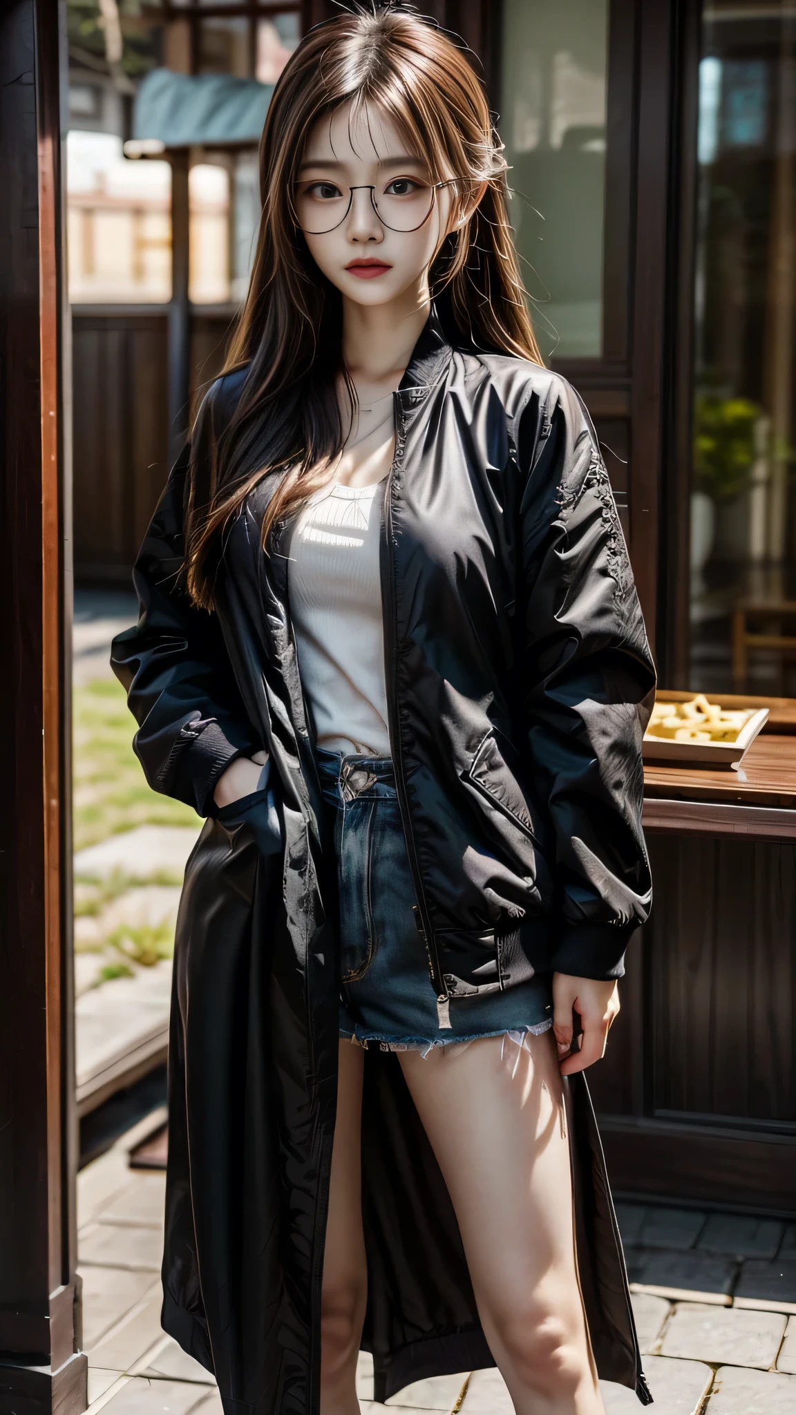 Girl standing outside, Wear glasses, Wearing a black jacket, ((Long Hair)), Paintings inspired by Zou Jie, tumbler, realism, Chen Xintong, Around 19 years old, Cheechawan, Huang Huifeng, Jeron Hsu, Zhang Qifan, Zhangpeng Town, Zumongen, Yi Haoren, Zhezhou Chen.