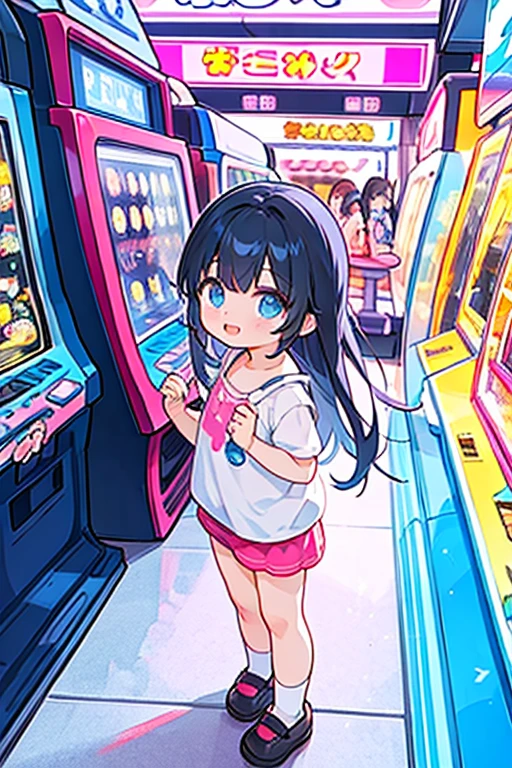 A girl looking at a stuffed animal selection game at an arcade、Sparkling eyes、smile、