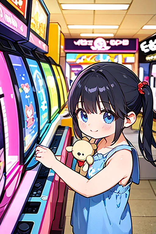 A girl looking at a stuffed animal selection game at an arcade、Sparkling eyes、smile、