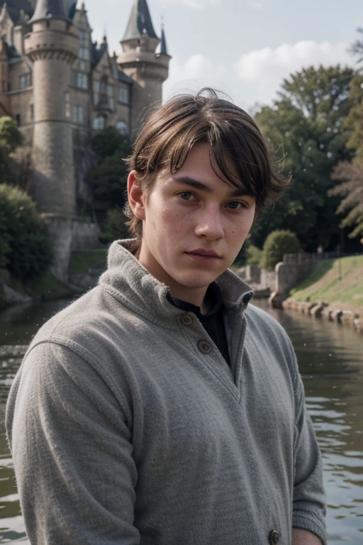 Portrait 18 year old boy.,tall, stout, red face, blemish, fat, wears medieval lambswool doublet grey with dark blue trim, dark short hair, weak chin, skin spots, background a castle in a river, cruel look, on doublet an image of a castle
