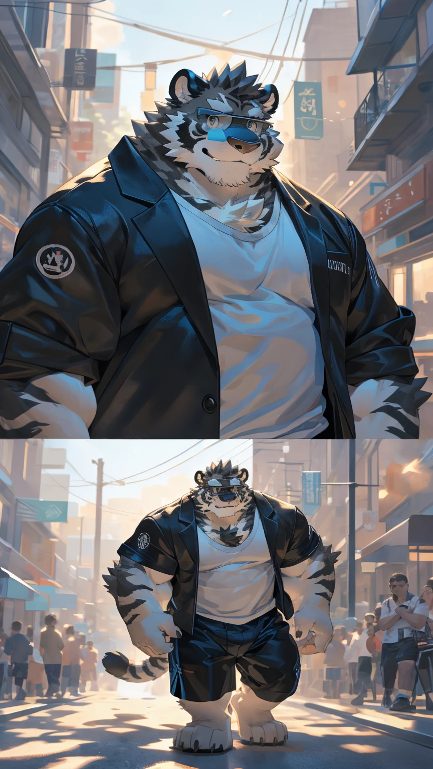 Solitary, ((Fluffy fur, Fluffy, hairy body)), detailed Fluffy fur, Delicate face, delicate Eye, Dynamic poses, (Ultra Detailed), Clear focus, Genji, Eye, hairy, (Gray-black fur:1.5), White beard, human nature (black tiger), chest hair，male, middle aged, White belly, Increase chest muscles(((muscular))), (endomorph body type:0.4), Not too fat, rest ((Black jacket，sunglasses，White T-shirt，Black swimming trunks，Exposing breasts)), ultra Delicate face, High Detail, high quality, (best quality,4K,8k,high resolution,masterpiece:1.2), (close up:1.3), author：Takemoto Arashi, From kulplant, author：The ghost of emptiness, From raccoon21, Dynamic Lighting, Smile, (whole body:1.4), Looking at the audience, eternity, close up肖像, indoorhigh resolution, 用hand托住肚子, hand.详细的hand，street
