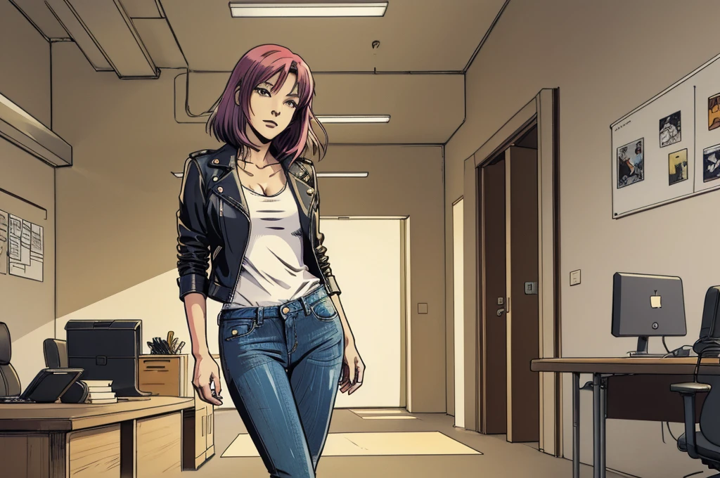 vector image, 2d cartoon,masterpiece, An anime 1woman,colored hair,tight sexy jeans,leather jacket, heels, in empty office, standing in right part of frame