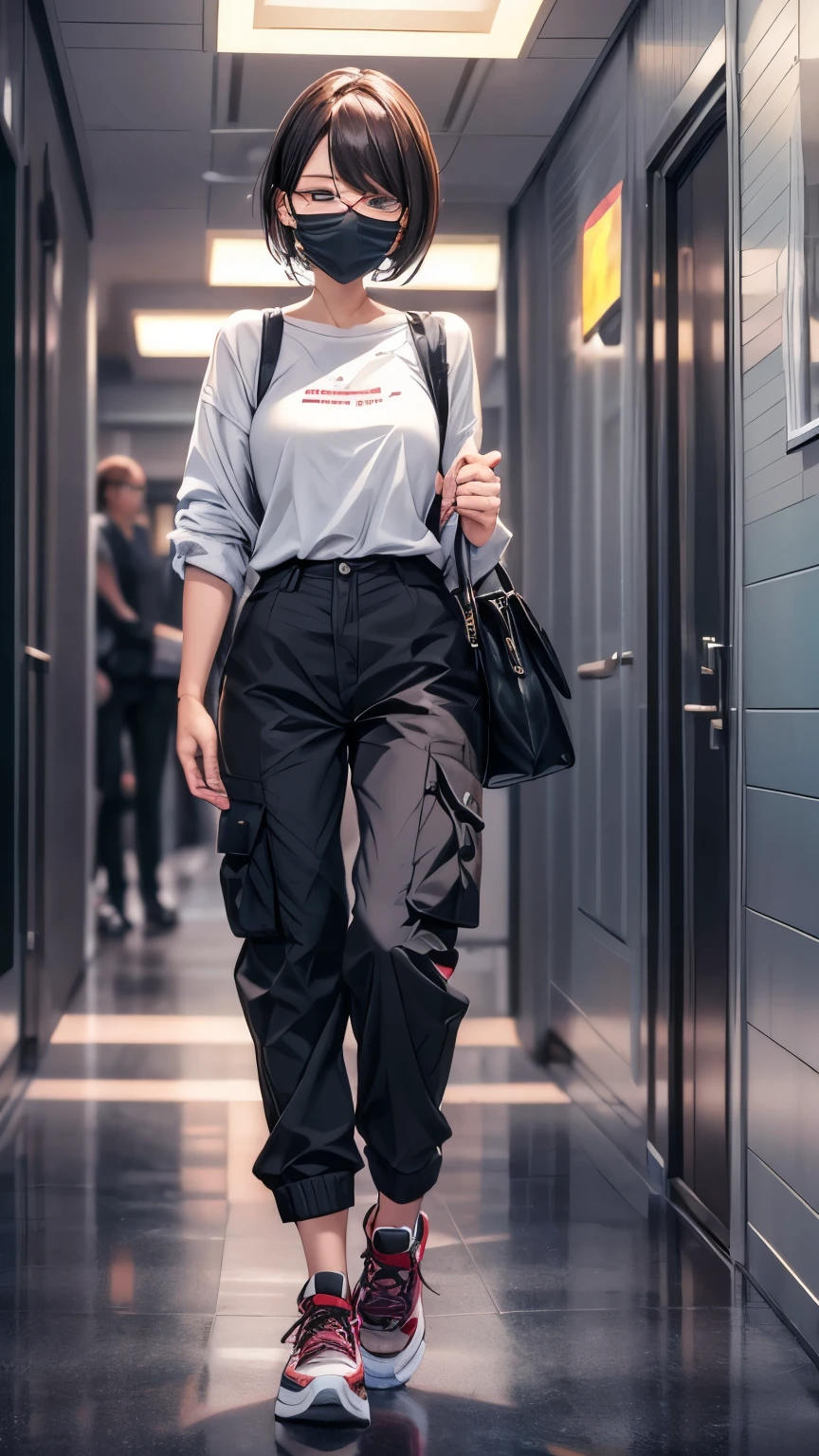 Hotel at night,Inside the room,whole body,30-year-old woman,Slender body,whole body像,She is wearing heavy makeup,She wears glasses,Brown short bob hair,anger,Glare,Severe,(She is wearing a mask,She has a shoulder bag,Y-shirt,pants,sneakers)