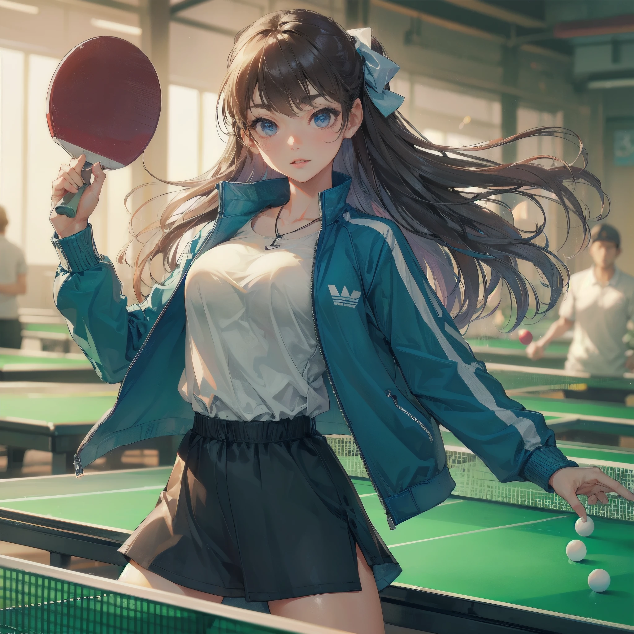 high quality,HD,16k,sharp lines,1 girl,Female pingpong athlete ,cute face, large breasts, nice legs,At the pingpong venue,focus girl,detailed beautiful face,detailed clothes,beautiful eyes,cool,dynamic angle