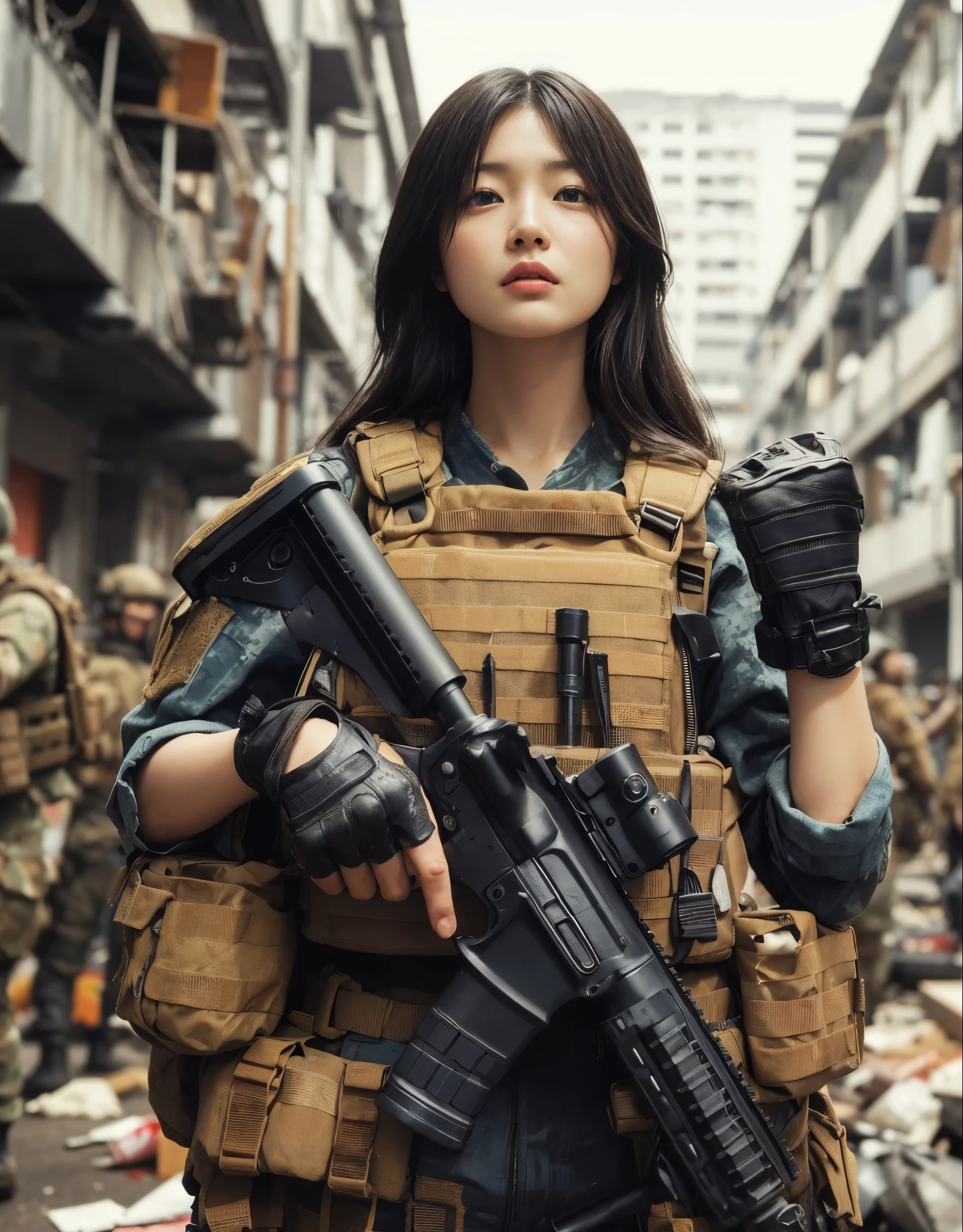 8K, realistic photo, realistic skin texture, Beautiful Japanese women in the US military、Outside the ruins of a giant American supermarket、Operation End、Car buried in rubble、Automatic rifle、Bulletproof vest、Exhaustion、Giving a fist bump to other team members、Rescue the hostage safely、backpack、boots、Covered in scars、Dynamic pose、Innovative composition