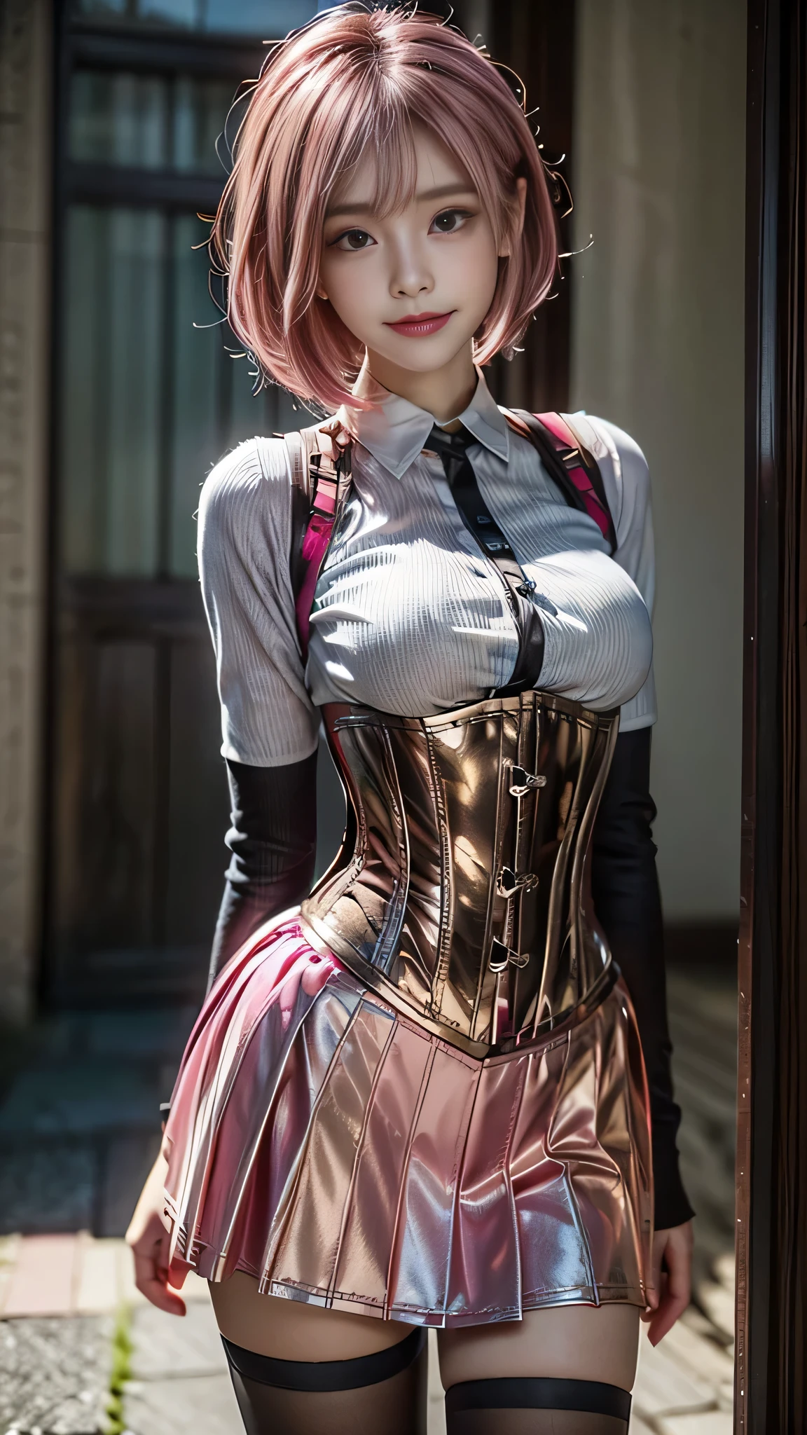 ((school uniform)), (Jumper skirt), ((corset)), (View your viewers),  sexy, ((alone)), (1 female), ((Age 25)), ((highest quality)), ((masterpiece)), (Familiar),   Perfect Face, 8k , (Cowboy Shot),  short hair, (((Pink Hair 1.5))), Bobcut, black eye, Beautiful Princess, smile, Thin thighs, Medium chest, Perfect limbs, ((Metallic costumes)),  sexy, Are standing,