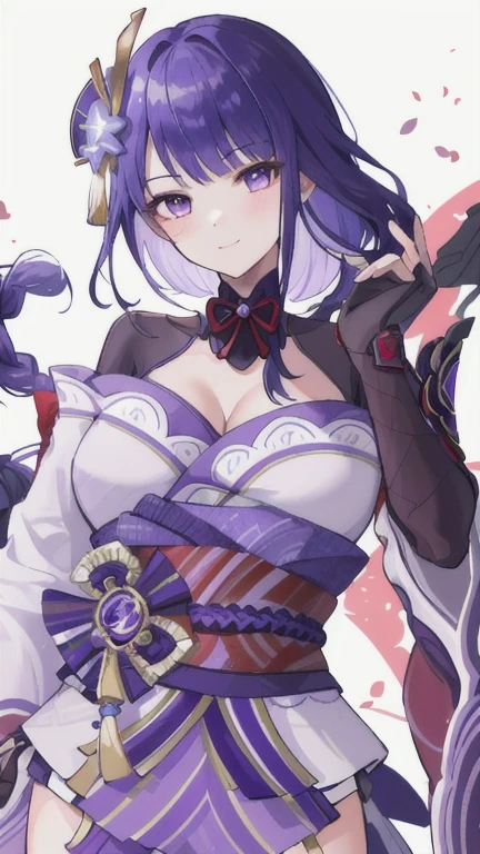 ((Masterpiece)), ((HD,)), ((aesthetic)), 《Raiden Shogun》, 《Genshin Impact》, cute face, blushing, smile, sexy pose, full body potrait, nice ass, nice breast, medium breast