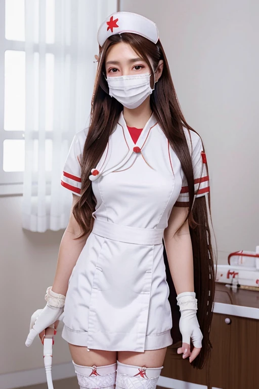 hentai hiromi, long hair, brown hair, red eyes, wavy hair, forehead, solo, nurse, ((white nurse cap, white nurse's outfit)), ((white legwear, zettai ryouiki)), white gloves, ((covered nose)), standing, hospital room, sharp outline, short sleeves, best quality, masterpiece