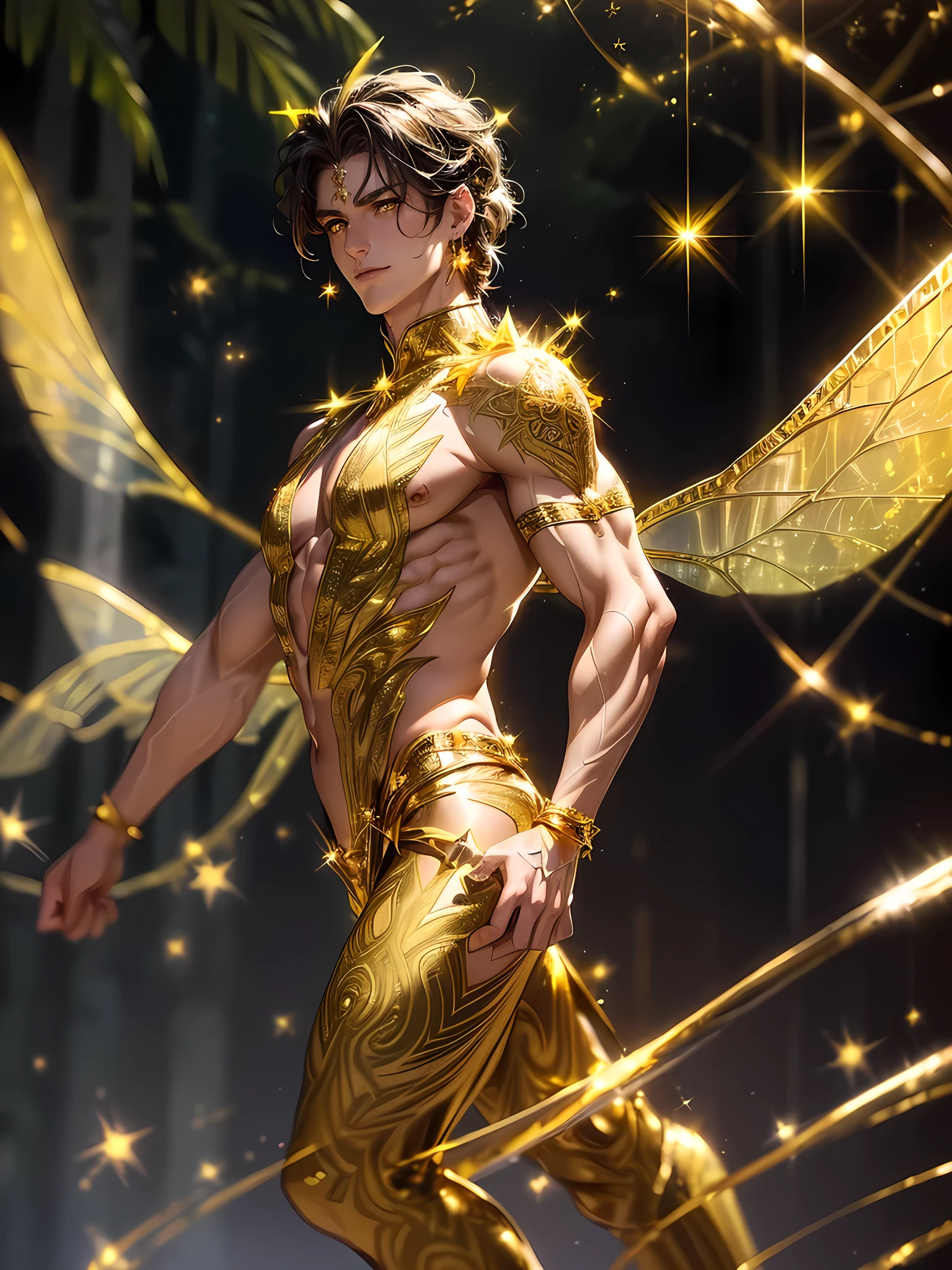 (((intricate design))) (((Top quality))) (((16K))) (((High Definition))) 16K splash art, high-res, ultra sharp, ((masterpiece)), the best quality, expressive eyes, perfect face, Super eyes, perfectly detailed anatomy, (((ripped pecs))) (((Volumetric lighting))) (((natural light))) (((dark shadows))) (((fluorescent lights))) (((1male))) (((muscular))) (((Built Body-Type)) (((Caucasian Man))) (((yellow shimmering fairy wings))), golden tied curly long hair, yellow eyes, in the rainforest, glitter, sparkles, light magic, flying, fairy magic, flying, glossy skin, coloured tattoos, earrings, royalty, shimmer, delicate, handsome, yellow shimmering translucent suit, white boots, jewellery, confident, smirking, metallic, stars, magic wand,