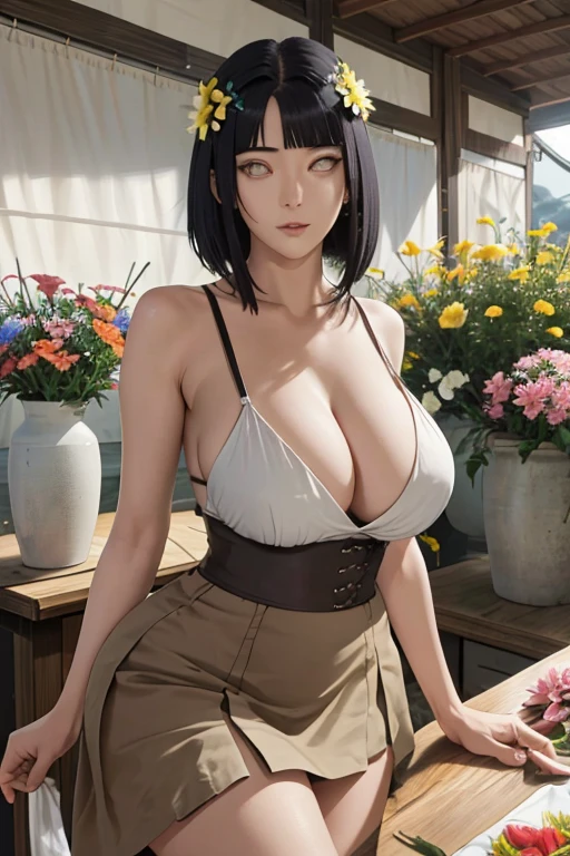 masterpiece, absurd, Hyuga Hyuga, 1 Girl, Solitary,Mature female, Spaghetti Strap Top,High waist skirt, Looking at the audience, (Falling Flowers), perfect composition, Detailed lips, , Huge sexy breasts,Showing cleavage, Sexy big ass, Mature female, Sculptural figure, Sexy body,