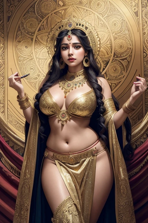 (masterpiece, top quality, best quality, official art, beautiful and aesthetic:1.2), (1woman), Indian goddess durga, wearing extreme tight saree, extreme detailed, gigantic shaggy breasts,highest detailed, voluptuous body, unity 8k wallpaper, ultra detailed, beautiful and aesthetic, beautiful, masterpiece, best quality, (zentangle, mandala, tangle, entangle) ,holy light,gold foil,gold leaf art,glitter drawing, PerfectNwsjMajic