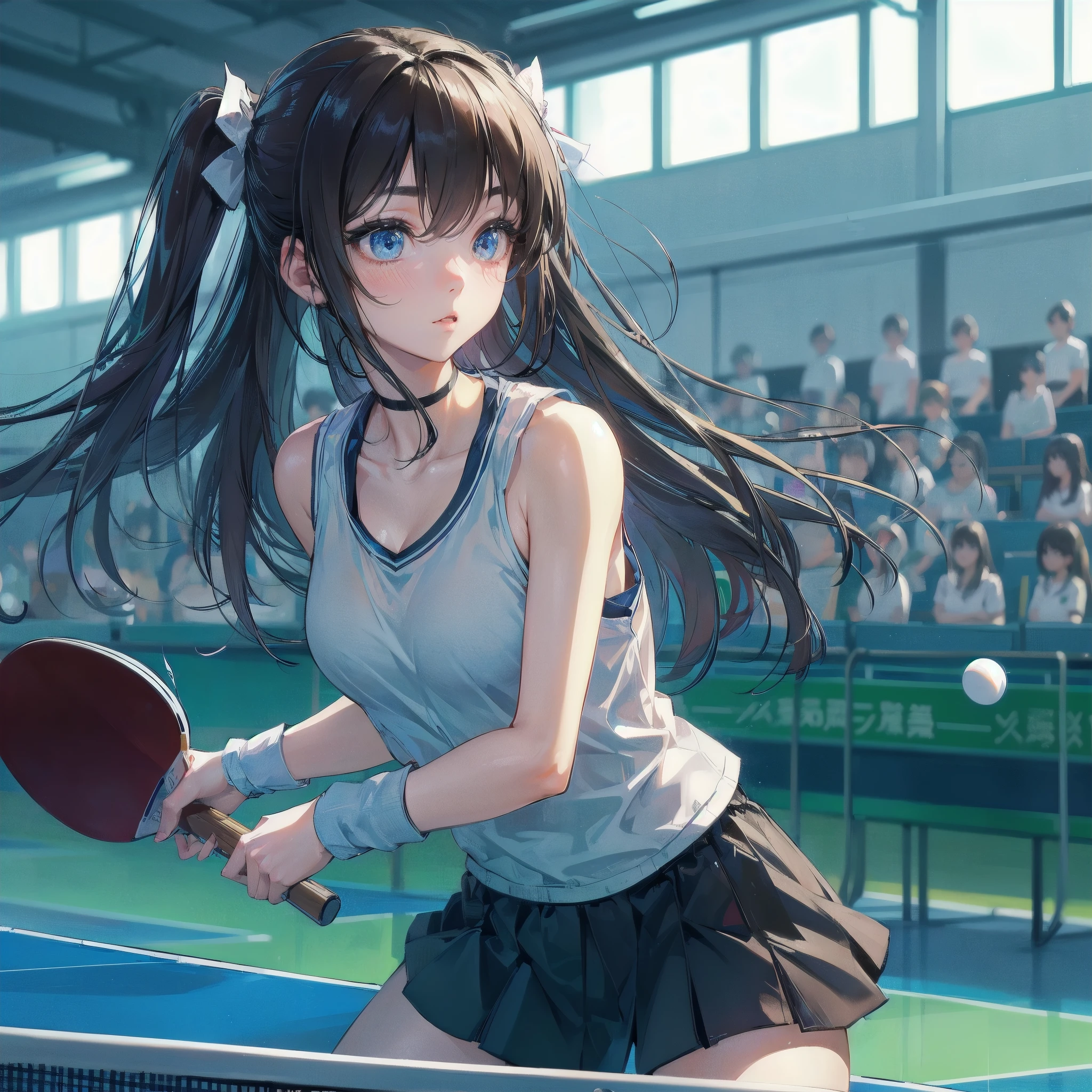 high quality,HD,16k,sharp lines,1 girl,Female pingpong athlete ,cute face, large breasts, nice legs,At the pingpong venue,focus girl,detailed beautiful face,detailed clothes,beautiful eyes,cool,dynamic angle