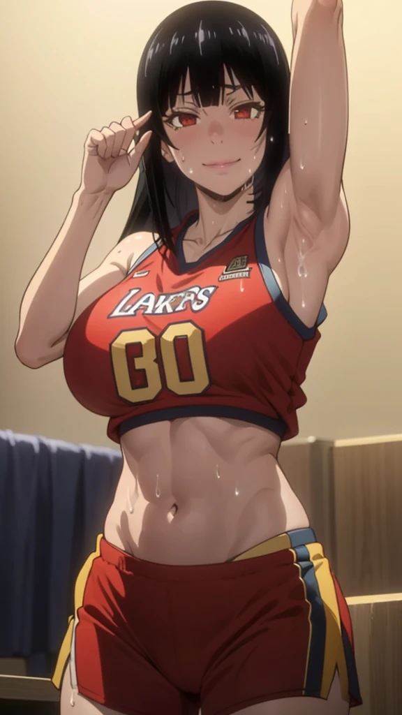 a close up of a person wearing a basketball uniform, a picture, inspired by Kentaro Miura, trending on pixiv, Jabami Yumeko, Kakegurui,red eyes,long hair, wearing yellow nba jersey, yellow croptop nba jersey, wearing a low cut croptop, wearing croptop, croptop, written "Lakers" on the croptop, golden raito, (winking), shirobako, large)}], favorite scene, fine details. anime. skins, sweating, big breasts, both hands raised, armpits, armpits visible, dripping with sweat, more more sweat, sweaty armpits, smile