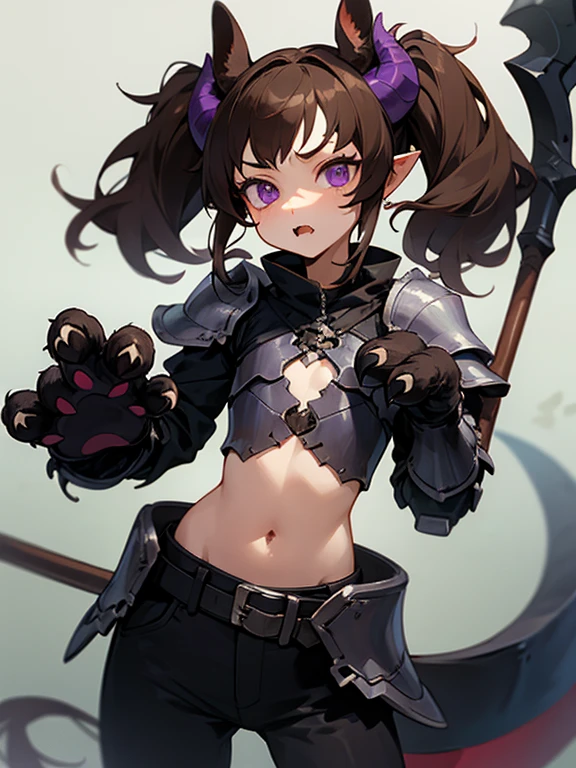 Masterpiece, best quality, expressive eyes, perfect face, 1girl, scythe, solo, horns, tail, hooves, monster girl, fang, skull, brown hair, twintails, navel, animal hands, animal ears, flat chest, purple eyes, belt, armor, mask,