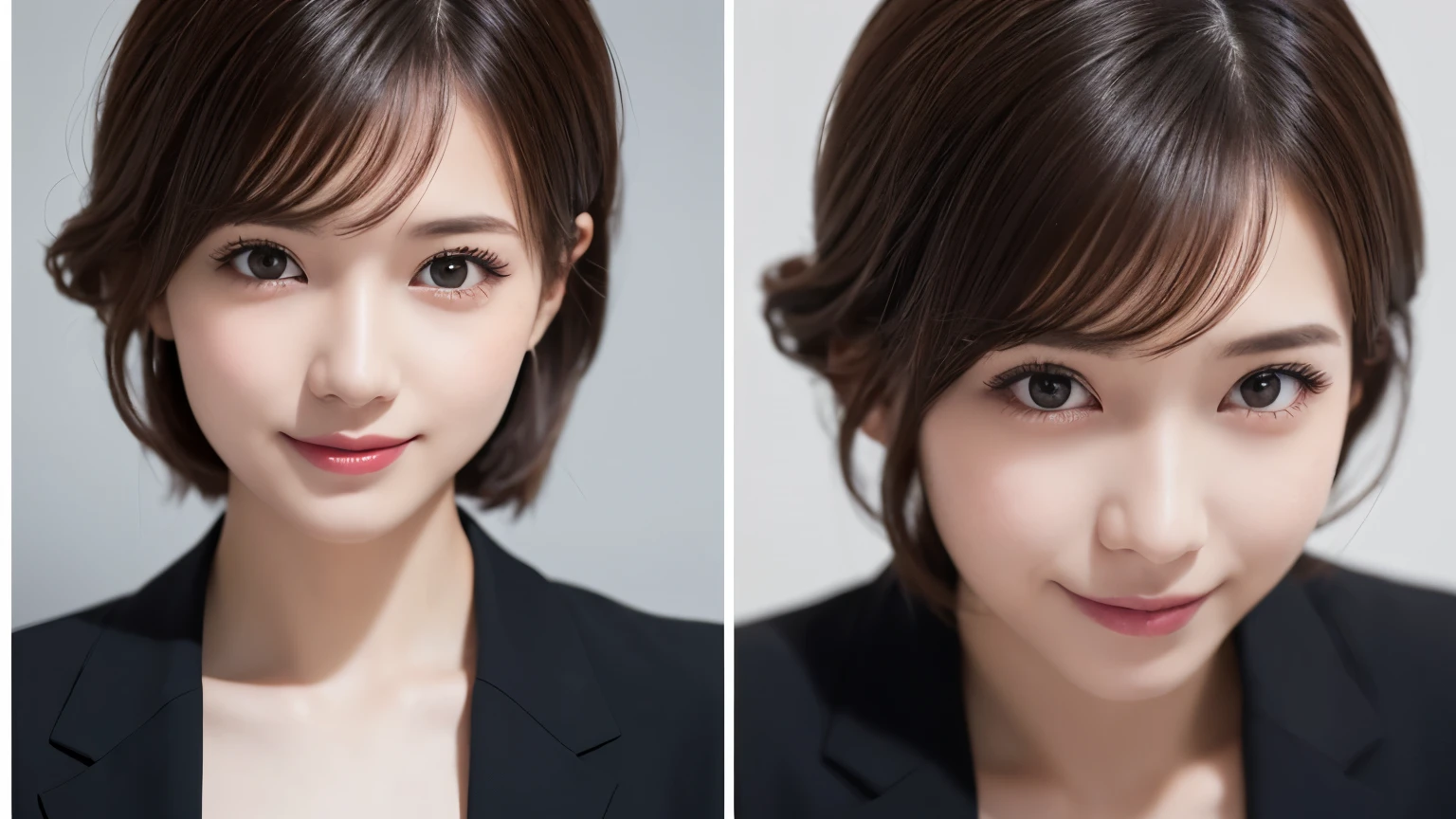 One Girl, (Dress in trendy fashion:1.2), (RAW Photos, highest quality), (Realistic, Photorealistic:1.4), Tabletop, Very delicate and beautiful, Very detailed, 2k wallpaper, wonderful, In detail, Very detailedな CG Unity 8K 壁紙, Very detailedな, High resolution, Soft Light, Beautiful detailed girl, looking at the camera、Very detailedな目と顔, Beautifully detailed nose, Beautiful fine details, short hair, small, Black business suit、White background、Background is white、Cinema Lighting, Perfect Anatomy, Slender body, smile,