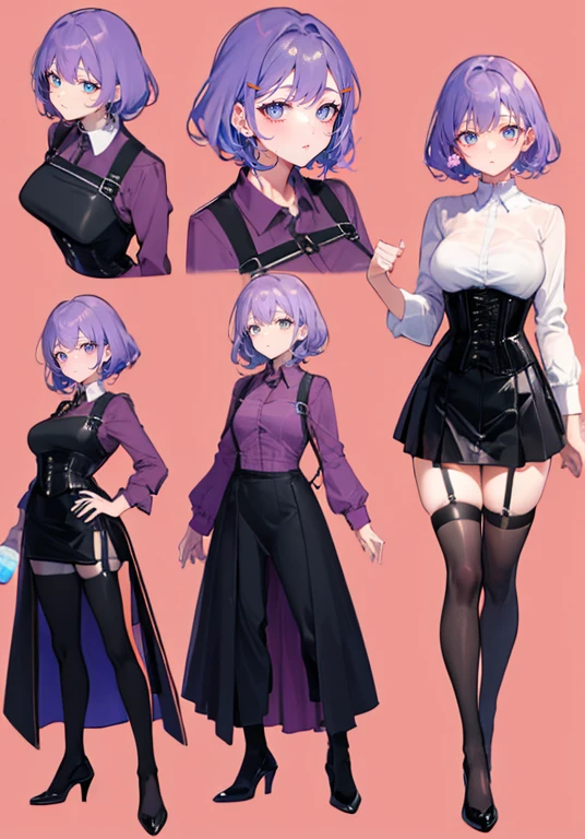 Purple Hair,Shortcuts,Adult female,bartender,((Body Harness)),((Rolling up your sleevesYshirt)),(corset),mini skirt(Short skirt),((garter belt)),High heels,((Simple Background)),smile,((Full Body)),((full body)),((whole body)),Character Sheet,