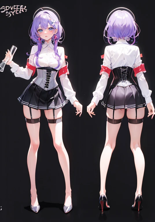 Purple Hair,Shortcuts,Adult female,bartender,((Body Harness)),((Rolling up your sleevesＹshirt)),(corset),mini skirt(Short skirt),((garter belt)),High heels,((Simple Background)),smile,((Full Body)),((full body)),((whole body)),Character Sheet,