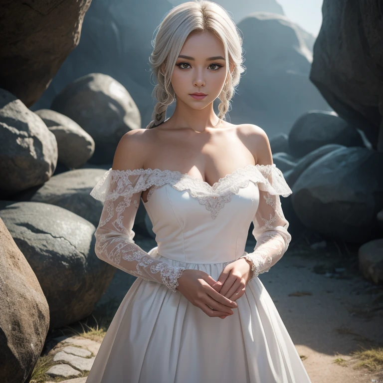 (((medium full shot))), (Masterpiece, photorealistic, photorealism, best quality, ultra-detailed:1.3), (nice hands, perfect hands), official art, cinematic light, (1girl:1.3), adult, from above, standing, bare shoulders, white hair, braids, armor dress, cute, beautiful white eyes, blush, underdark, sexy pose, looking at viewer, big glowing mushrooms, rocks, 