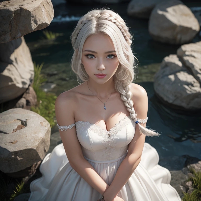(((medium full shot))), (Masterpiece, photorealistic, photorealism, best quality, ultra-detailed:1.3), (nice hands, perfect hands), official art, cinematic light, (1girl:1.3), adult, from above, standing, bare shoulders, white hair, braids, armor dress, cute, beautiful white eyes, blush, underdark, sexy pose, looking at viewer, big glowing mushrooms, rocks,