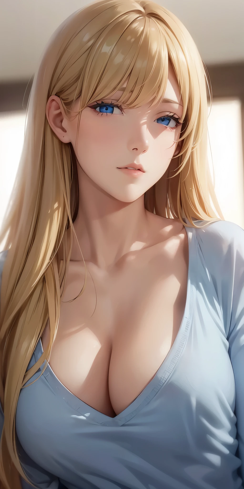 Upper body, elegant, adult woman, long neck, long blonde hair, bangs, casual shirt, cleavage, blue eyes, soft light, high quality, 4k resolution